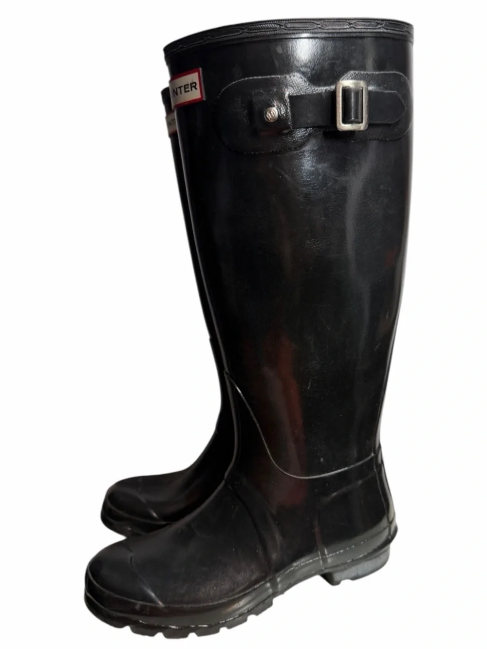 Hunter Gloss Black Knee-High Rain Boots with Side Buckle - Women’s Size 6